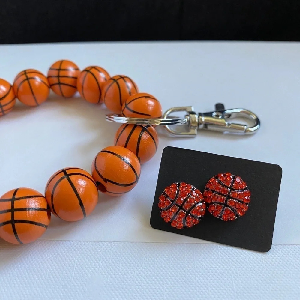 Basketball Wooden Keychain and Sparkly Basketball Stud Earrings - Bundle